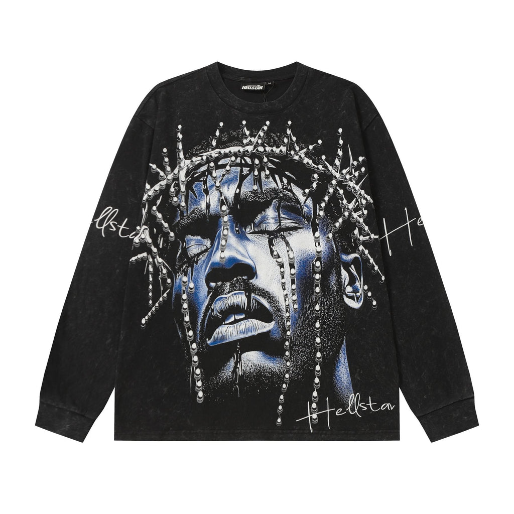 Hellstar Washed Black Wing Cross Long-Sleeve T-Shirt — front