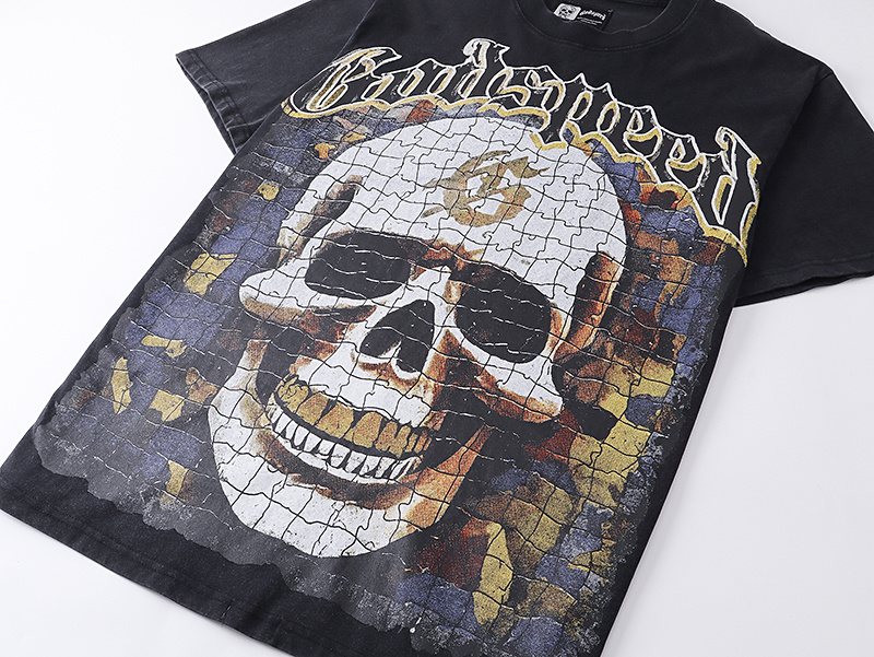 Godspeed Washed Black Skull & Sun-Eye Graphic T-Shirt — front