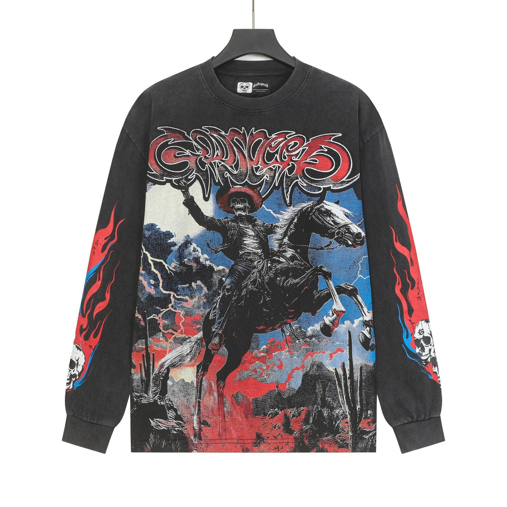 Godspeed Washed Black Cowboy Graphic Long-Sleeve T-Shirt — front
