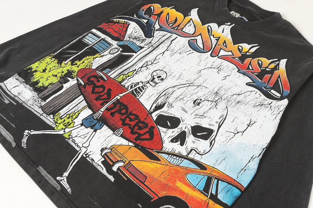 Godspeed Washed Black Skeleton Car Graphic Long-Sleeve T-Shirt — detail
