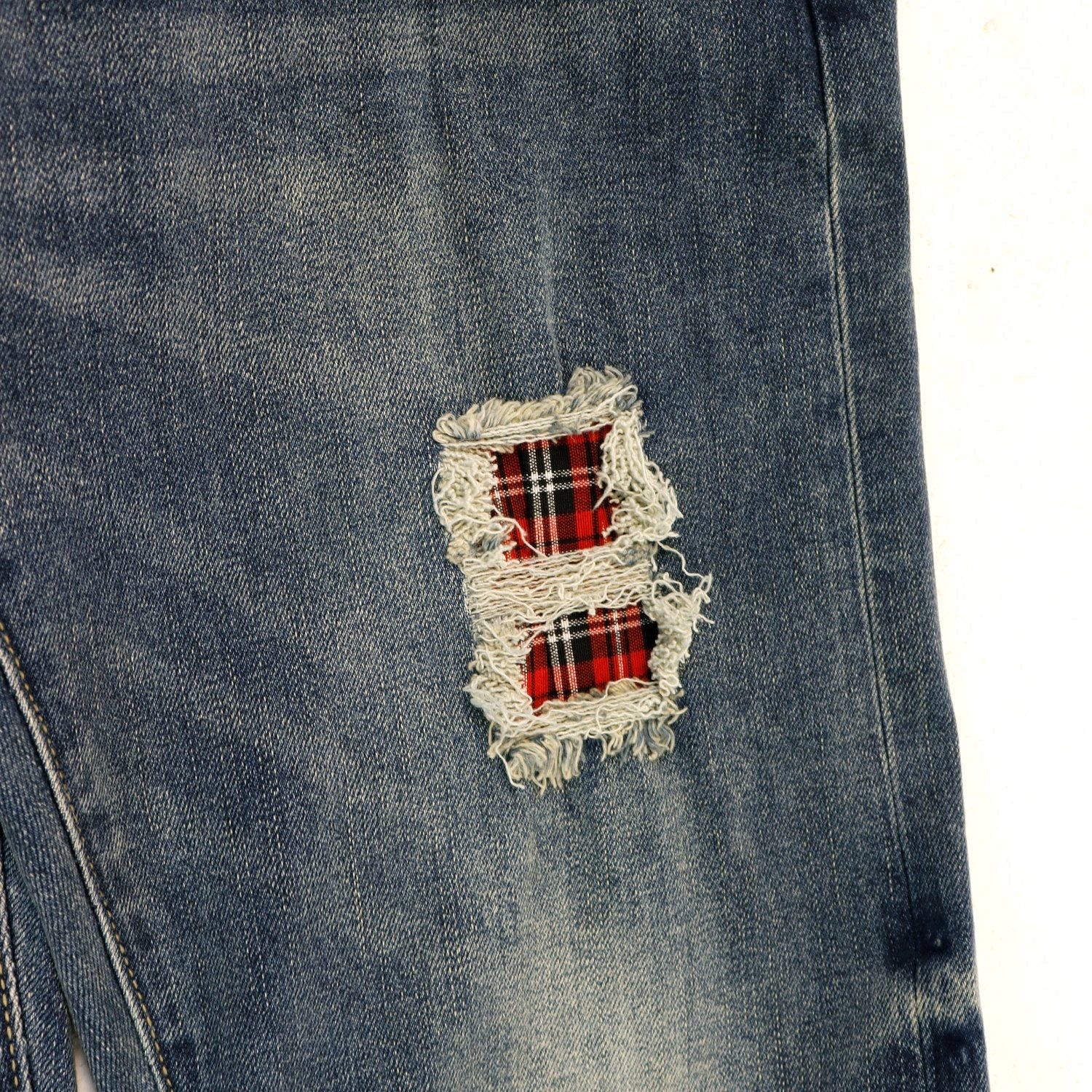 Purple Brand P001 Washed Blue Distressed Patch Jeans — detail