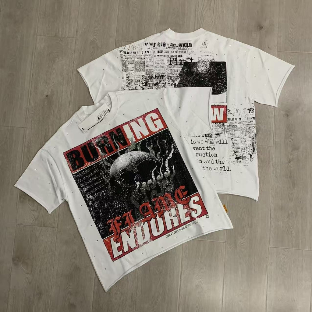 FIRST ROW Burning Flames Cropped Graphic T-Shirt — context
