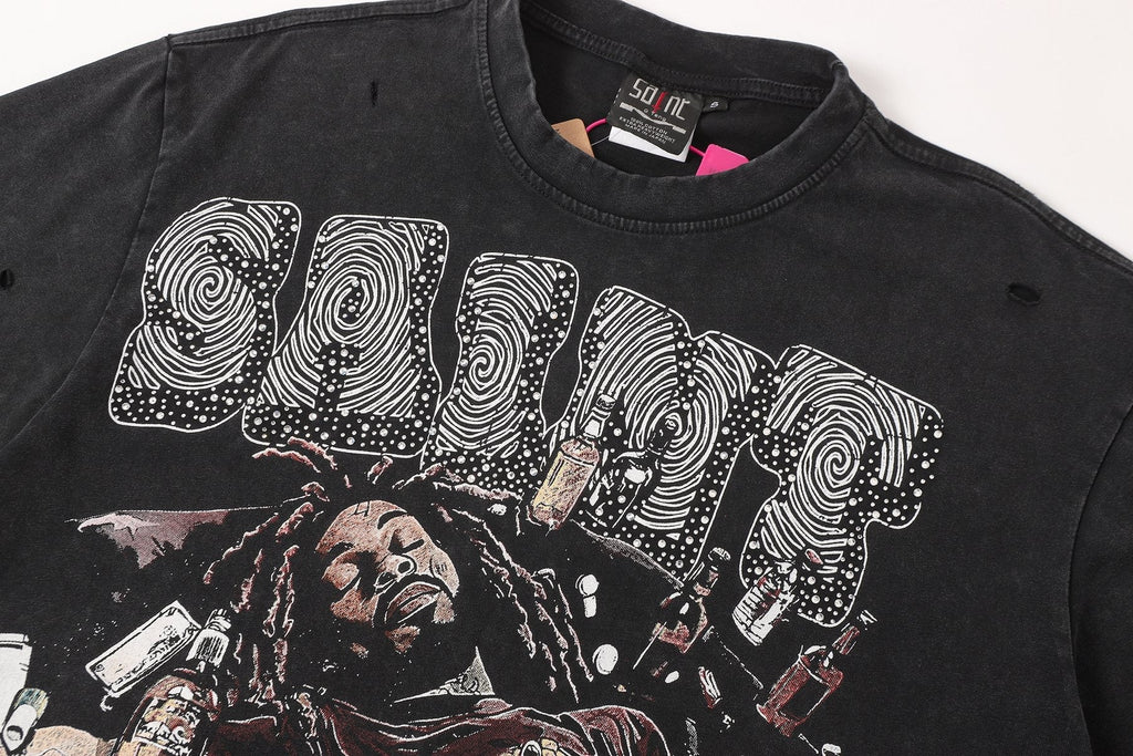 SAINT Free Alcohol Washed Black Graphic T-Shirt — detail