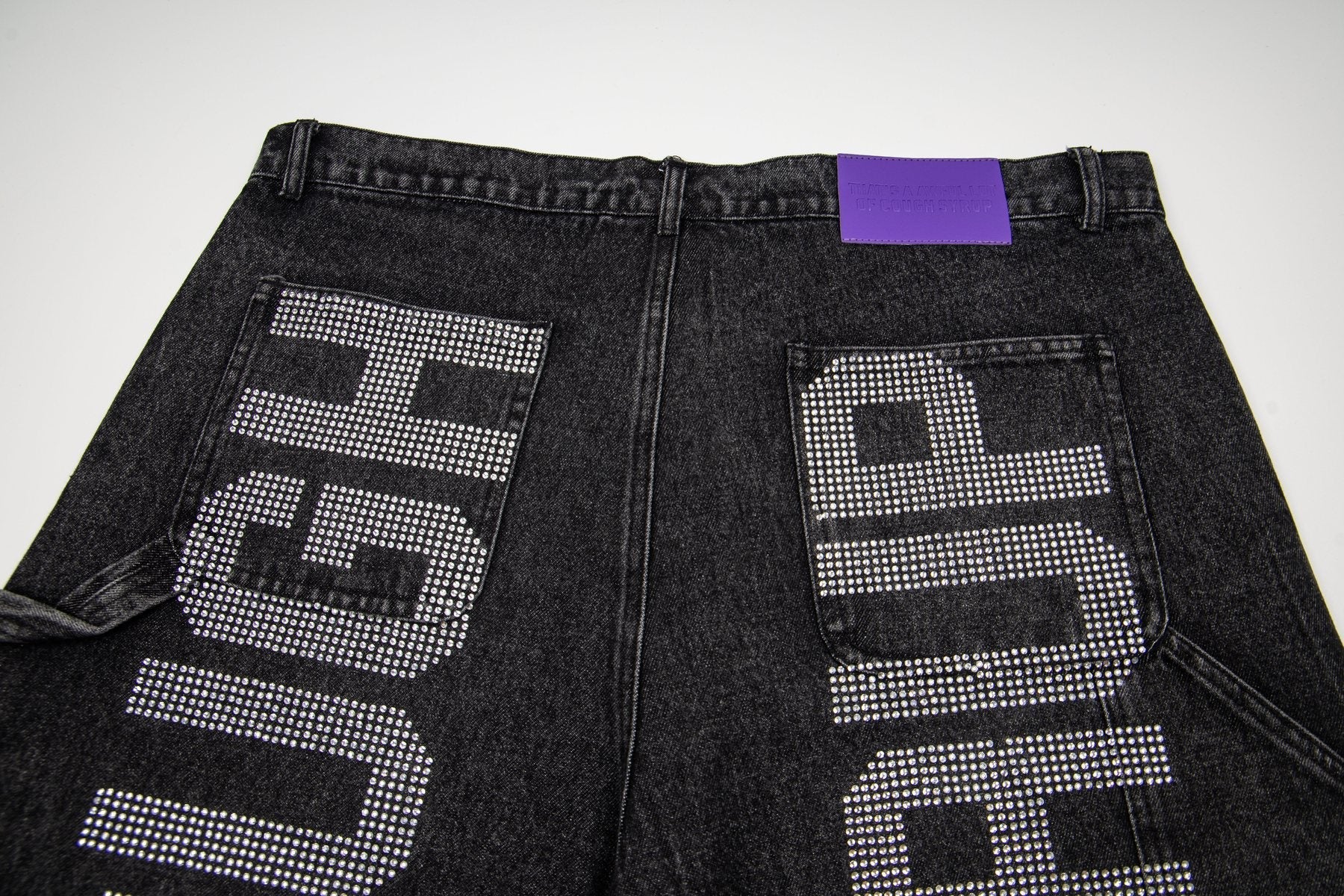THAT'S A AWFUL LOT OF COUGH SYRUP Rhinestone Washed Denim Shorts — detail