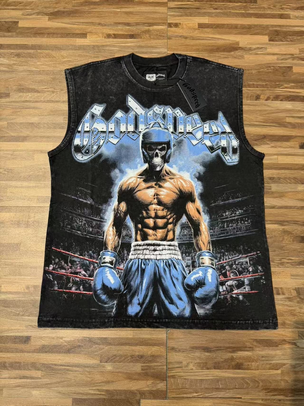 Godspeed Boxer Skull Graphic Acid-Wash Sleeveless T-Shirt — front