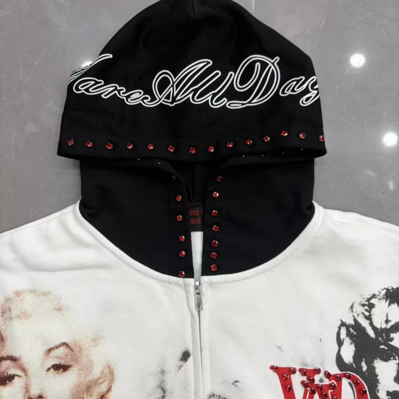 VARE ALL DAY Colorblock Rhinestone Zip Hoodie — detail