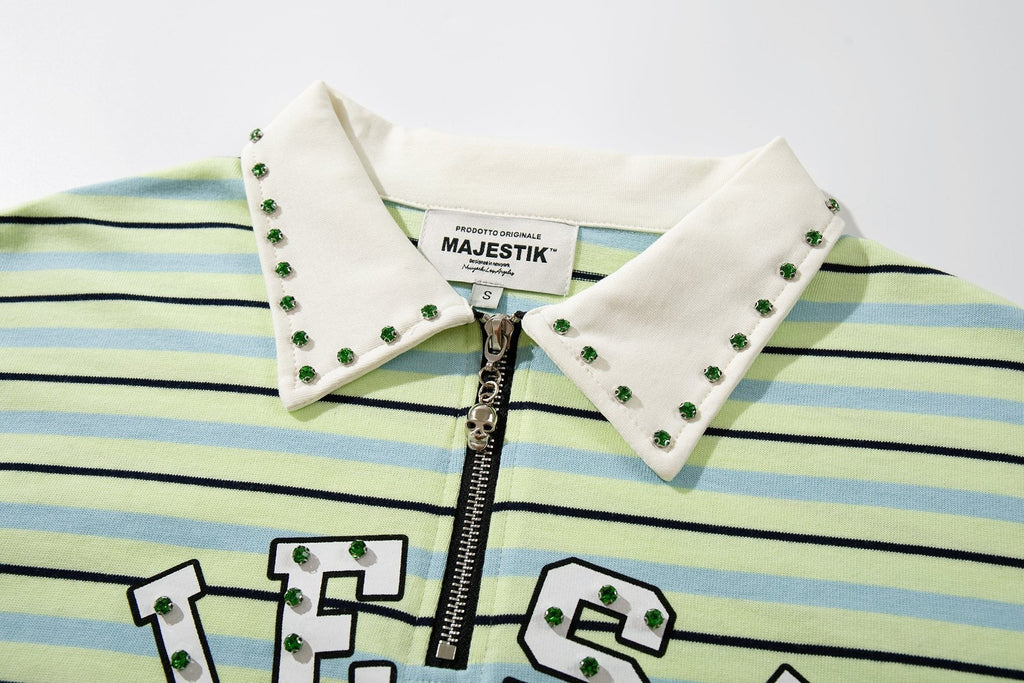 MAJESTIK Mint Green Striped Half-Zip Polo Shirt — detail