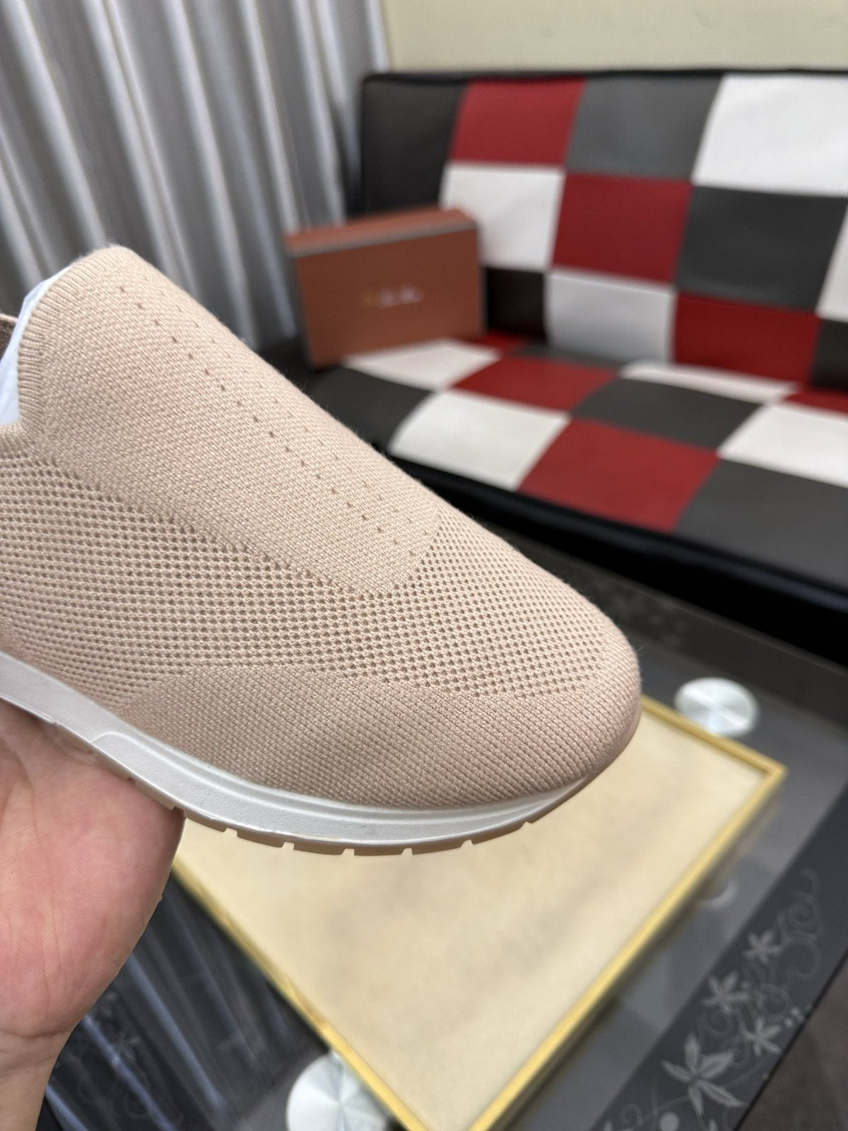 Men's Beige Slip-On Sneakers with Orange-Brown Heel Accent — detail