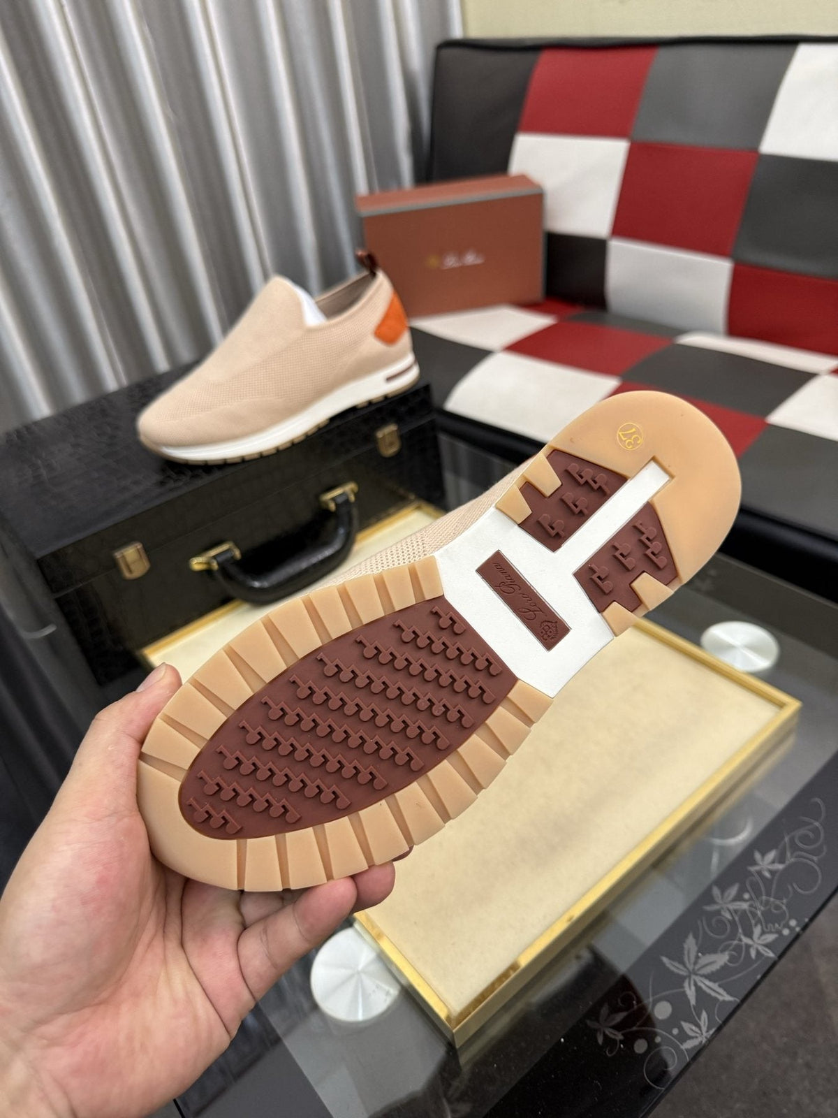 Men's Beige Slip-On Sneakers with Orange-Brown Heel Accent — detail