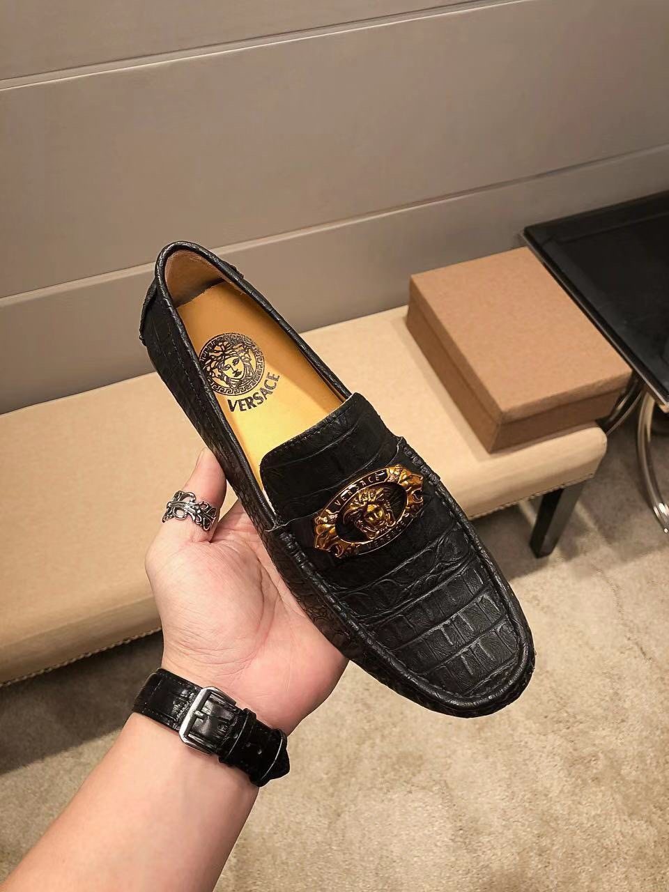 Versace Black Textured Loafers — model