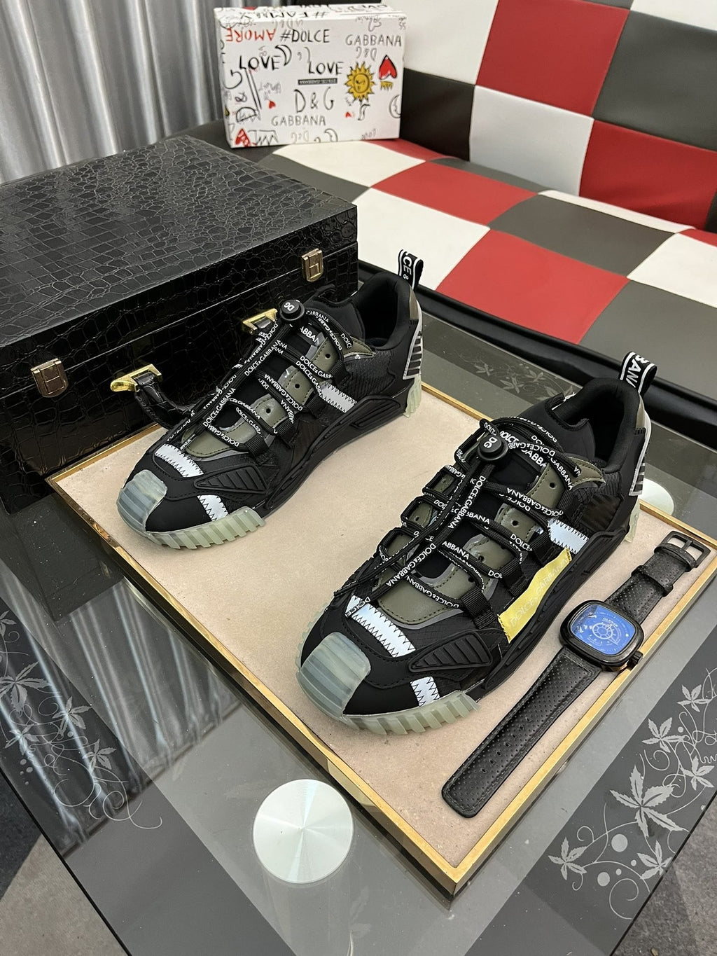 Dolce & Gabbana Black and Gray Sneakers with Yellow Accent — hero