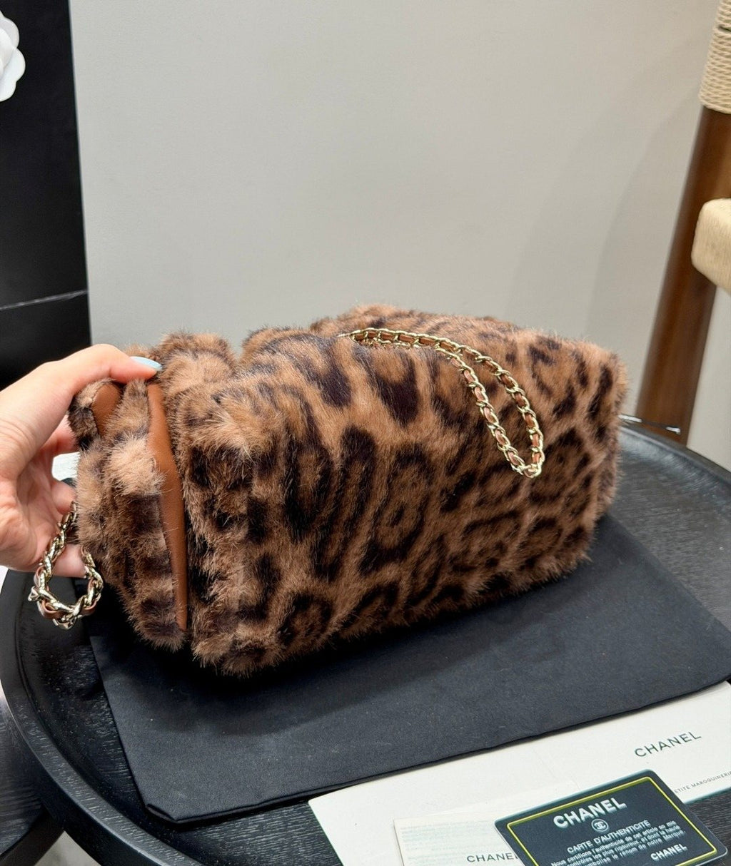 Chanel 25 Leopard-Pattern Plush Bucket Bag — detail