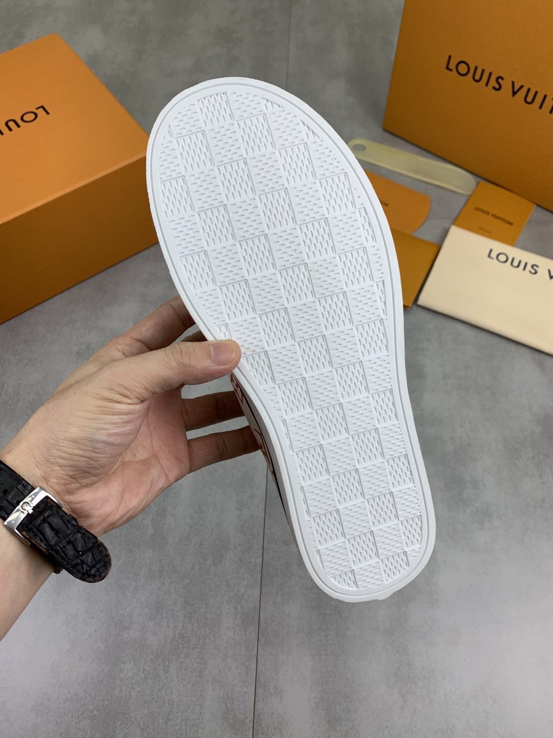 Louis Vuitton White Printed Slip-On Shoes — detail