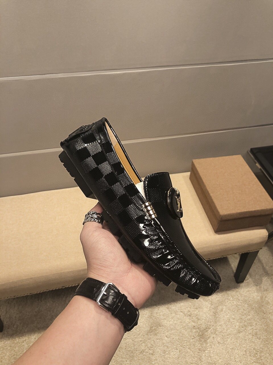 Louis Vuitton Black Checkerboard Loafers — model