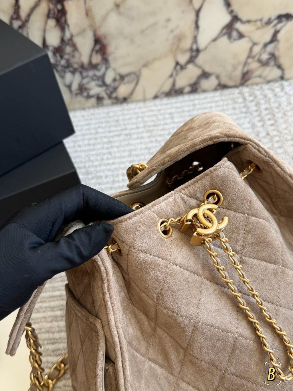 Chanel 25 Suede-Finish Quilted Hobo Bag — detail