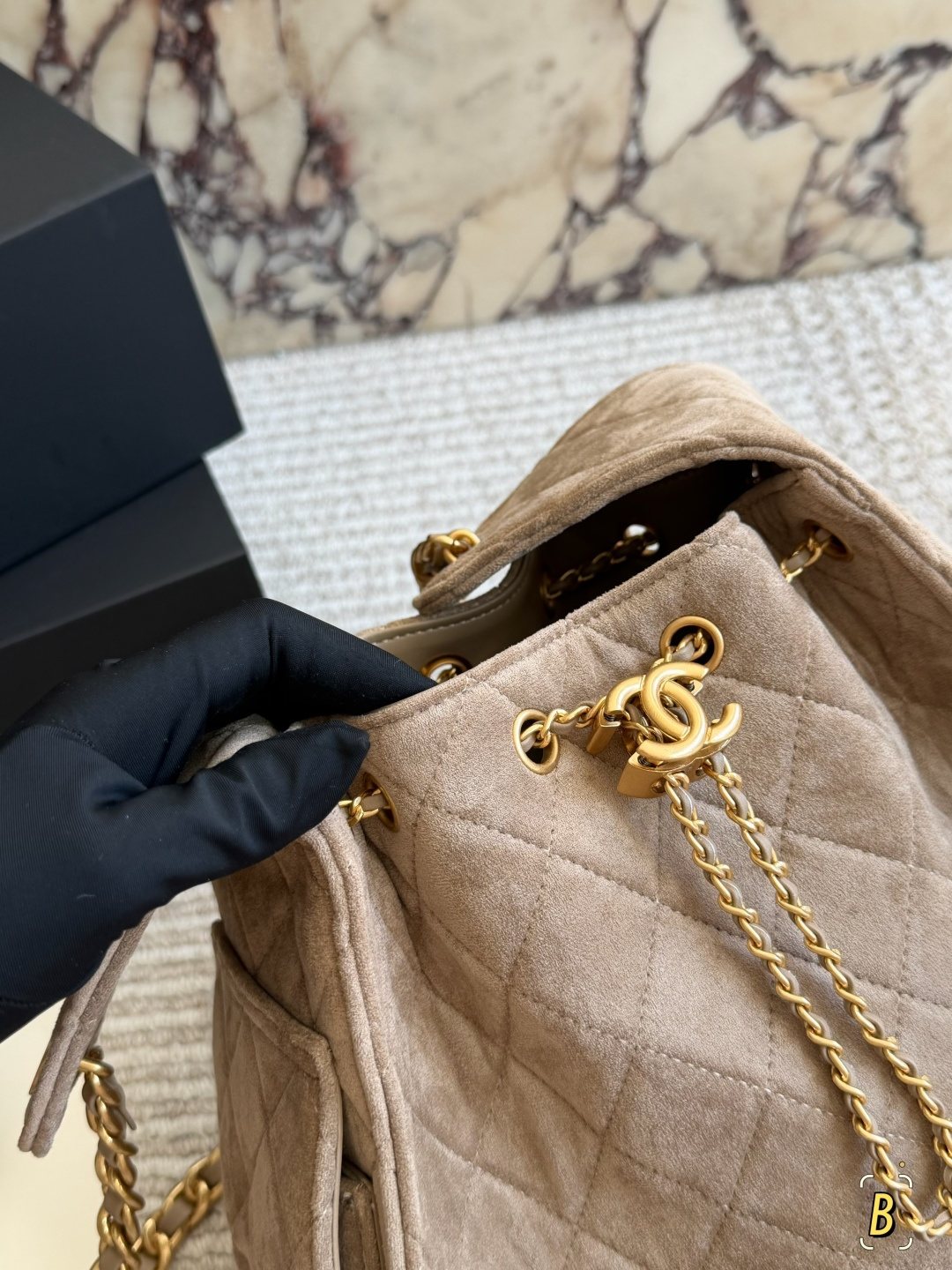 Chanel 25 Suede-Finish Quilted Hobo Bag — detail
