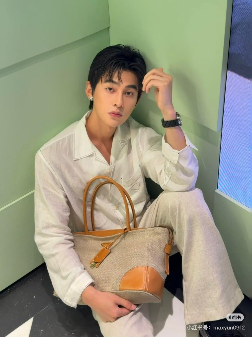 Prada Textured Linen and Leather Tote — model