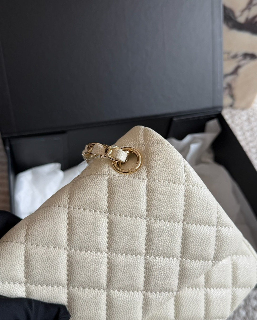 Chanel Quilted Grained Leather Flap Shoulder Bag — detail