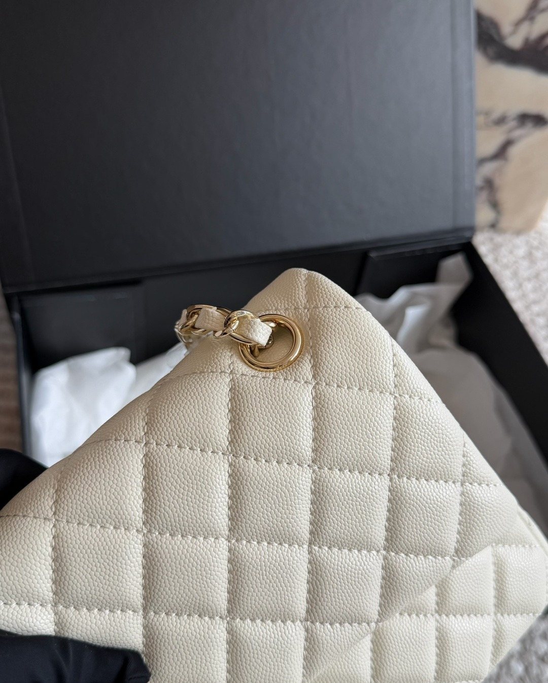 Chanel Quilted Grained Leather Flap Shoulder Bag — detail