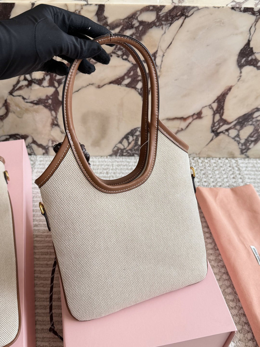 Miu Miu Ivy Canvas Tote Bag with Brown Trim — back