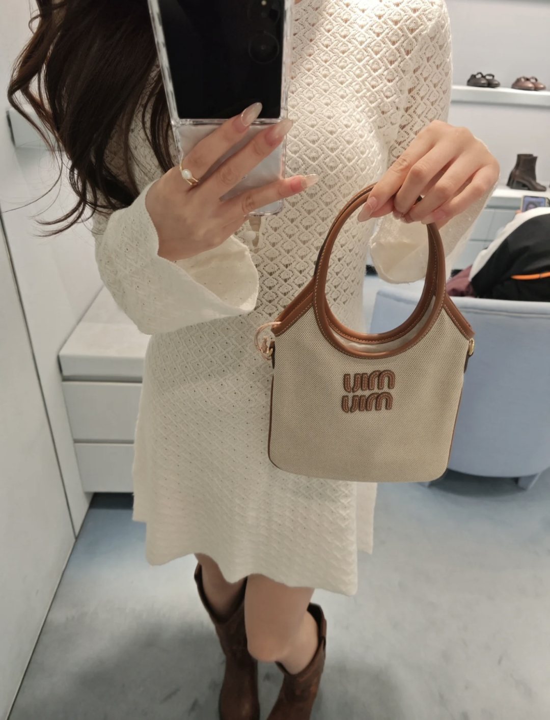 Miu Miu Ivy Canvas Tote Bag with Brown Trim — model