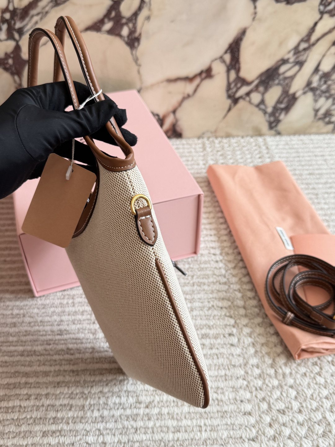 Miu Miu Ivy Canvas Tote Bag with Brown Trim — side