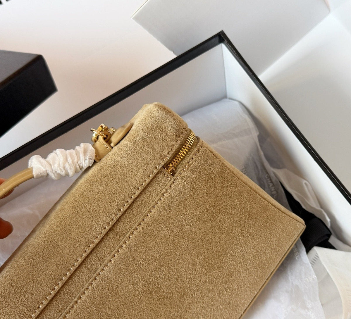 Chanel Suede-Textured Zip-Front Top-Handle Bag — detail