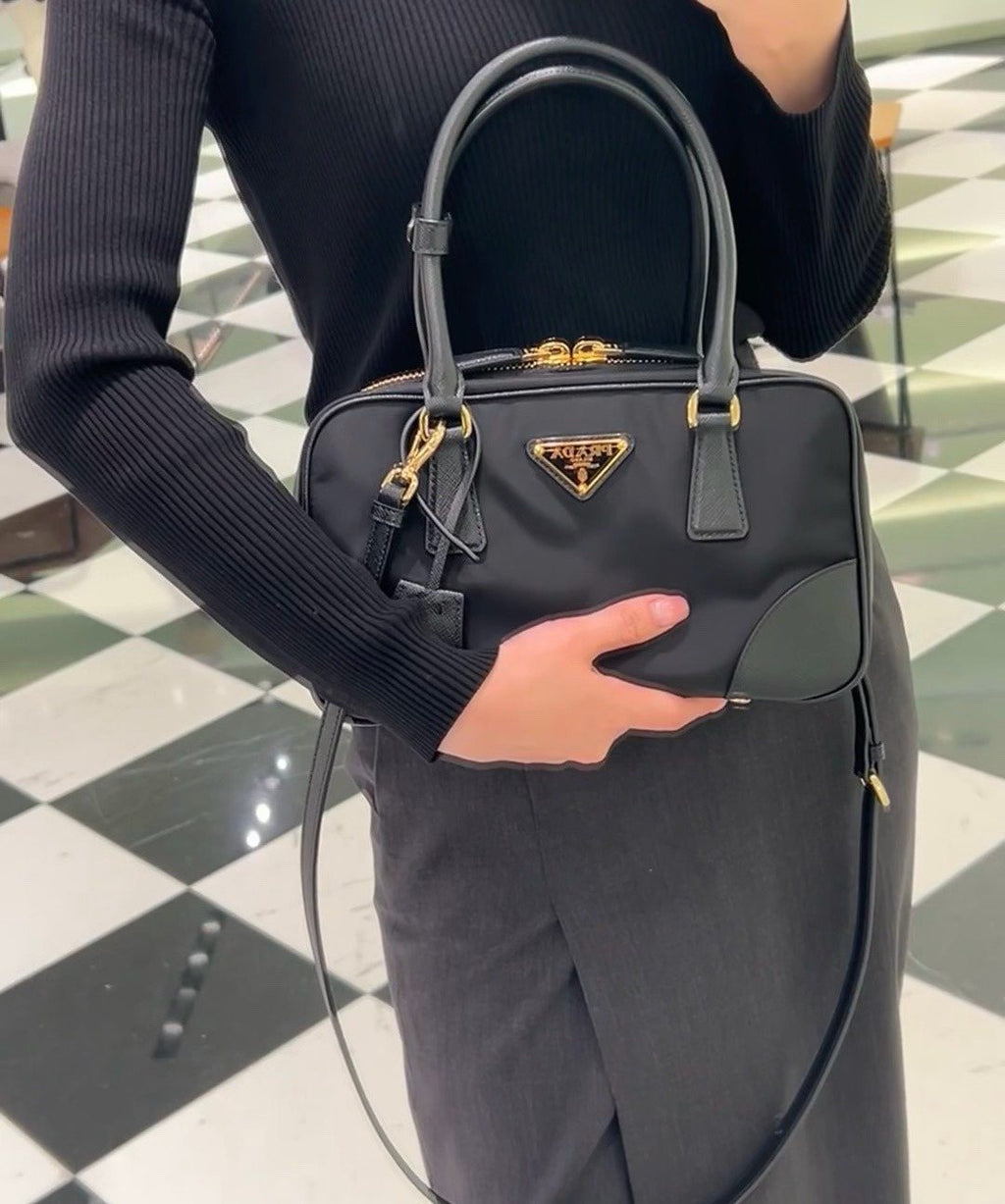 Prada Rounded Bowling Bag with Shoulder Strap — model