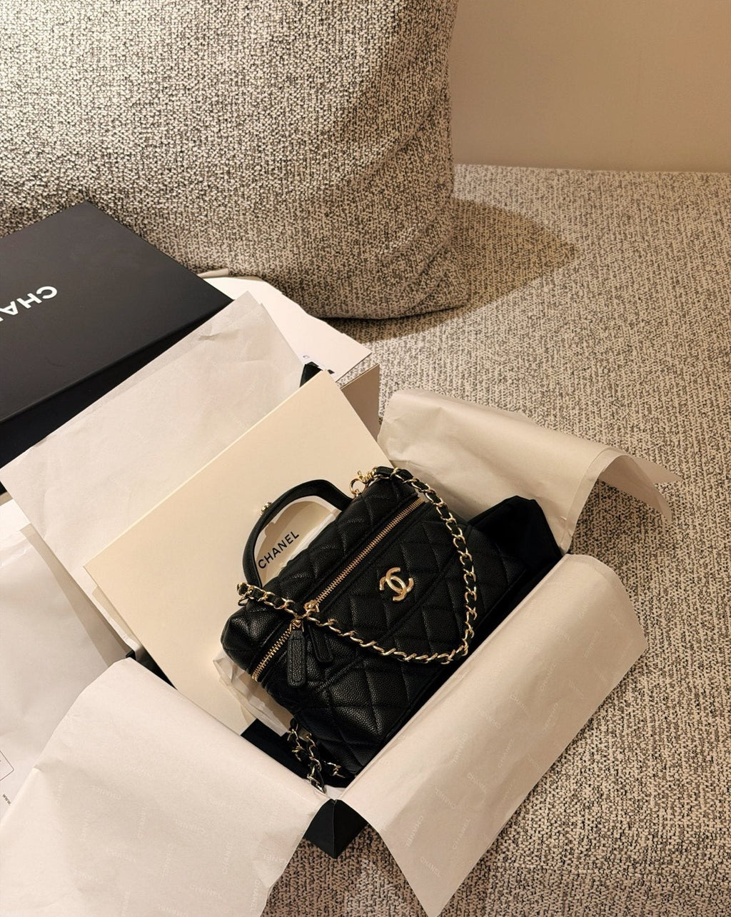 Chanel Black Quilted Box Top-Handle Bag — side