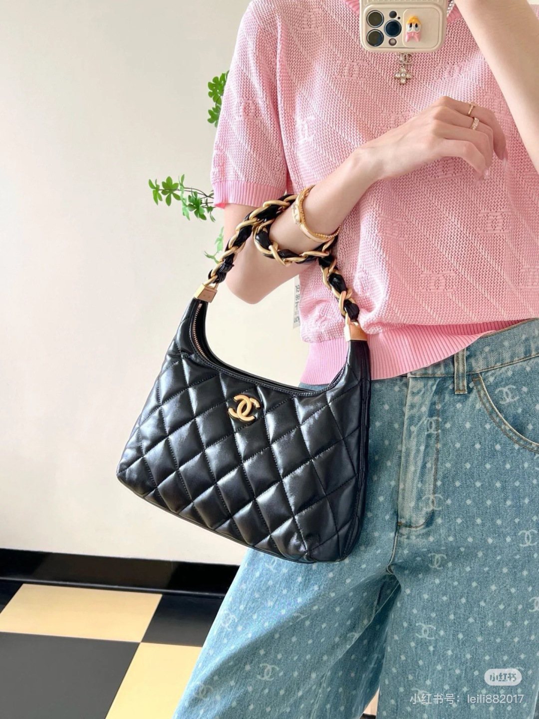 Chanel Diamond-Quilted Chain Hobo Bag — model