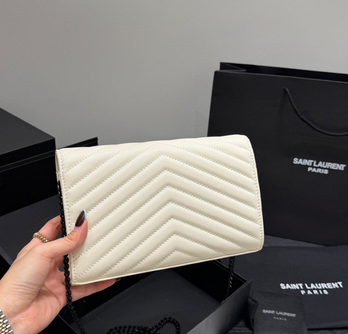 Saint Laurent Chevron-Quilted Envelope Wallet on Chain — back