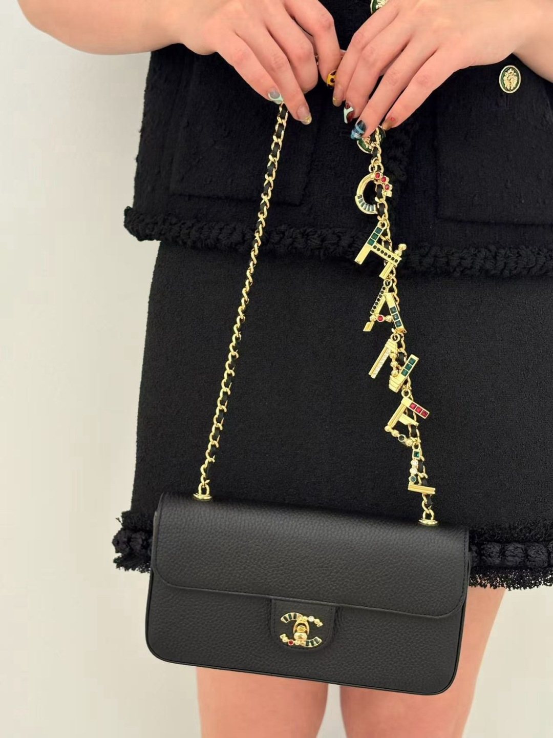 Chanel Letter-Charm Chain Flap Shoulder Bag — model