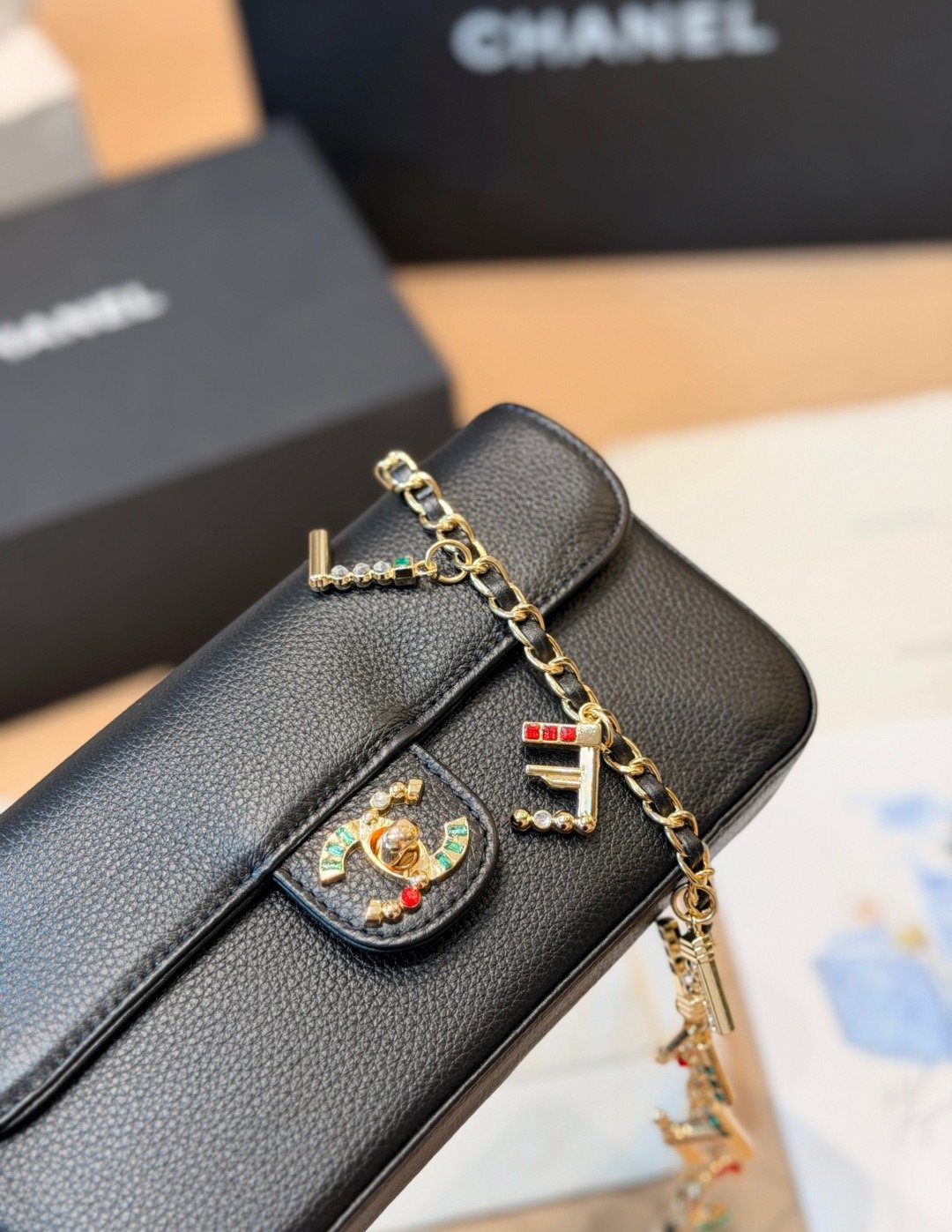 Chanel Letter-Charm Chain Flap Shoulder Bag — detail