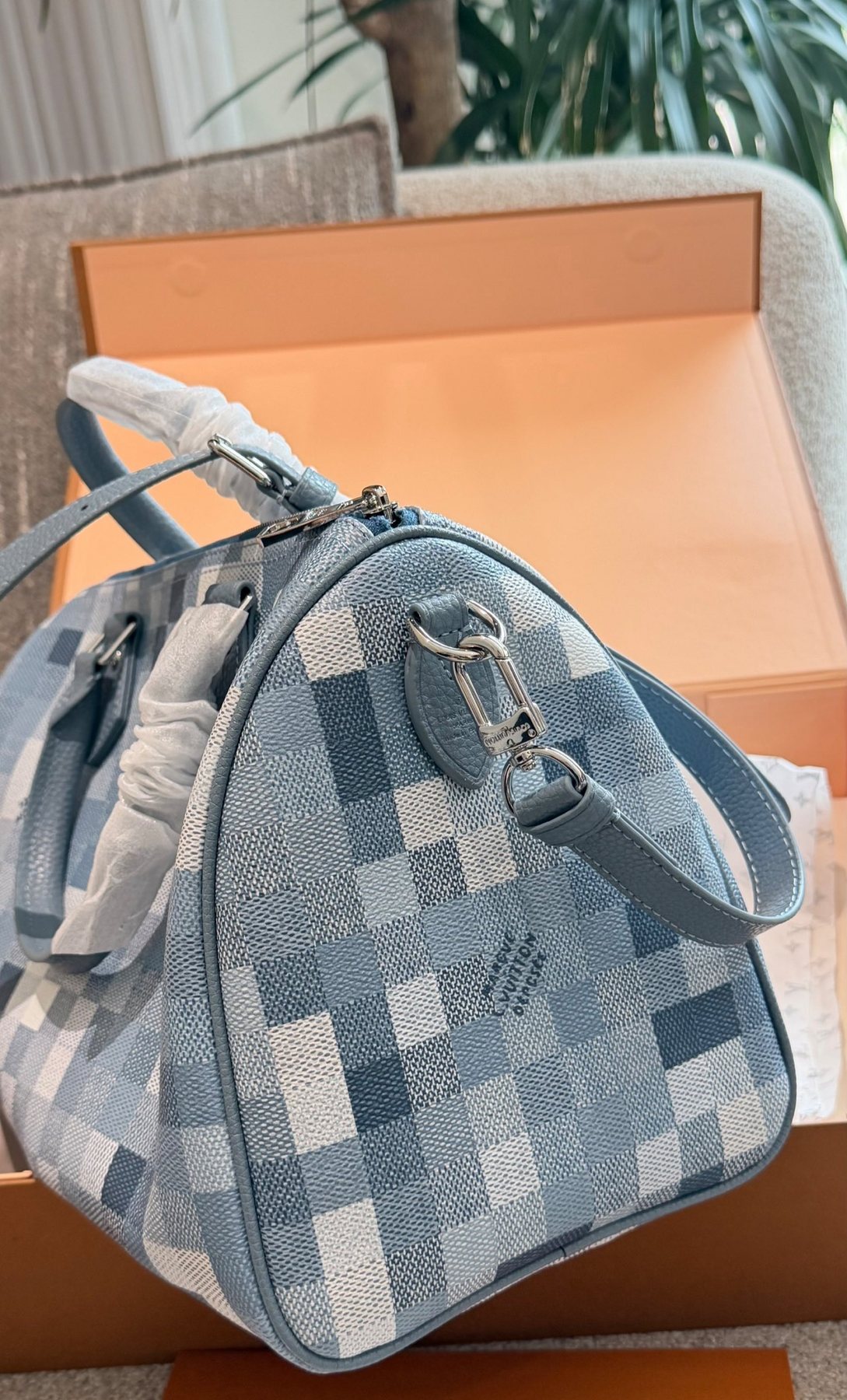 Louis Vuitton Speedy Blue Checker Satchel — side