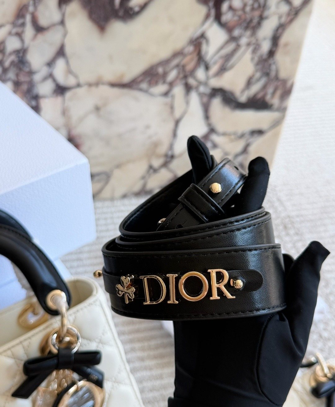 Dior Lady Dior Ivory Quilted Top-Handle Bag — detail