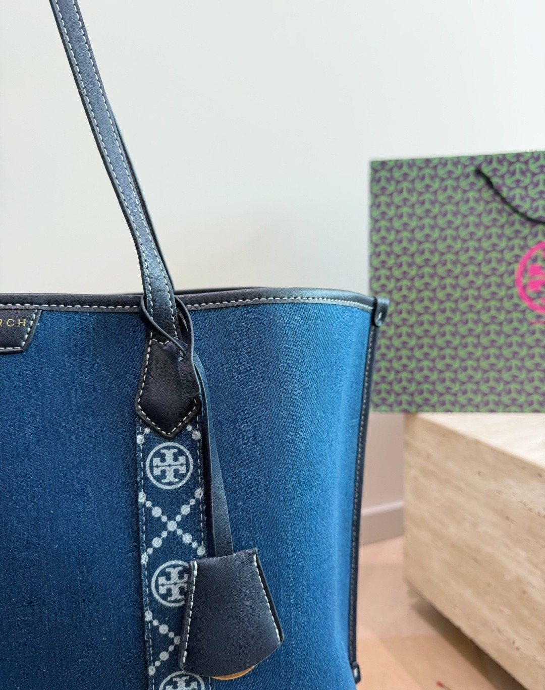 Tory Burch Patterned-Trim Shoulder Tote — detail