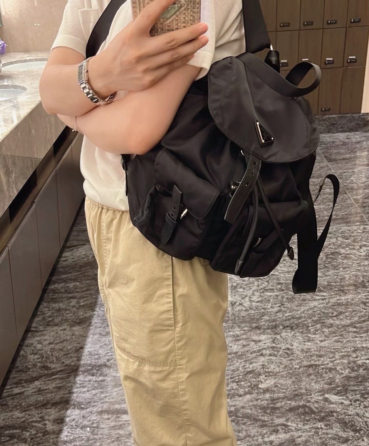 Prada Nylon Flap Backpack with Buckle Pockets — model