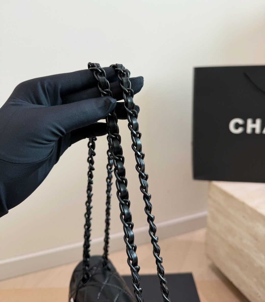 Chanel Black Diamond-Quilted Flap Shoulder Bag — detail