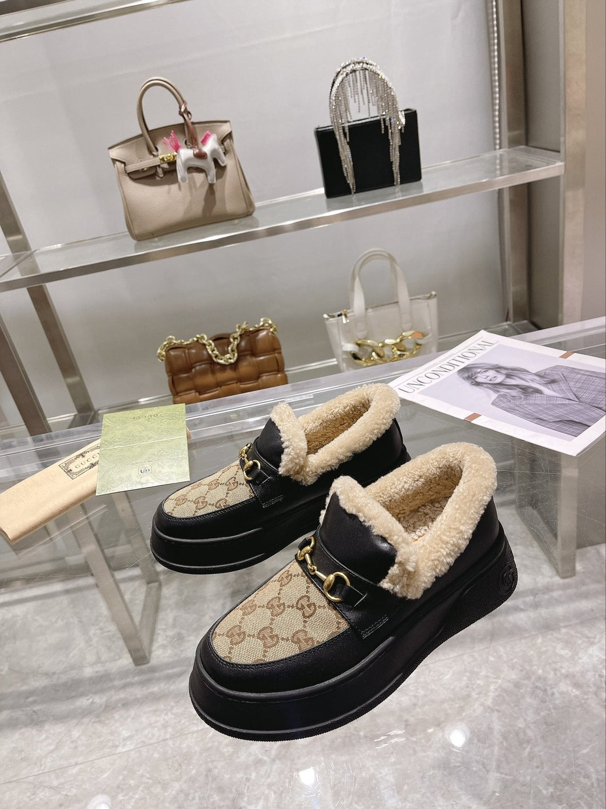 Gucci Patterned Plush-Lined Platform Slip-On Shoes — front