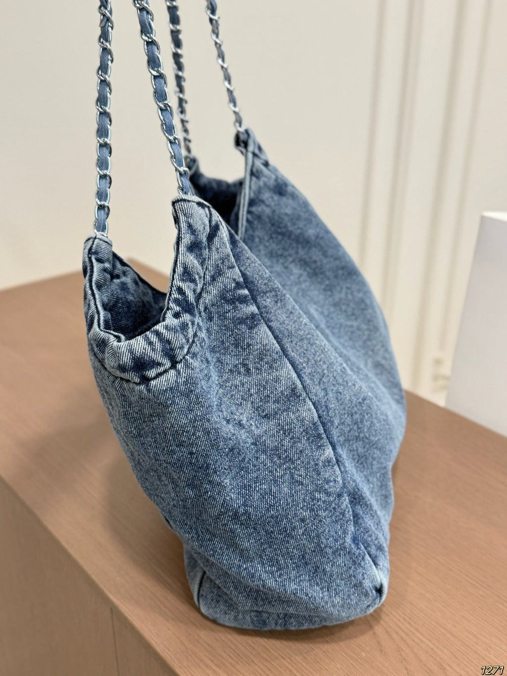 Prada Washed Denim Chain-Handle Tote — side