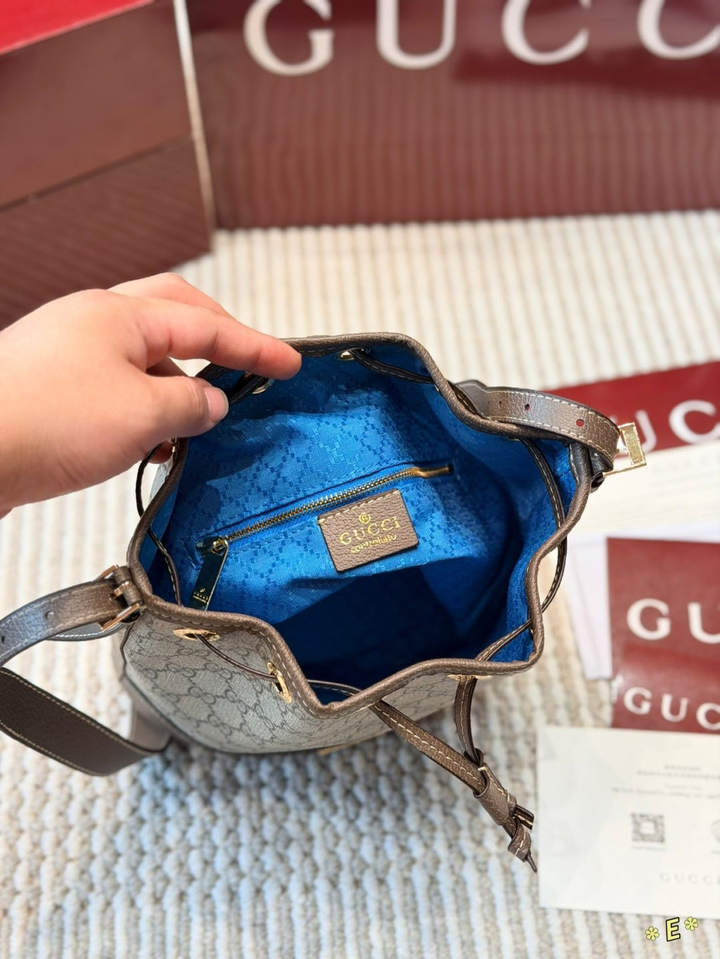 Gucci Monogram Drawstring Bucket Bag — detail